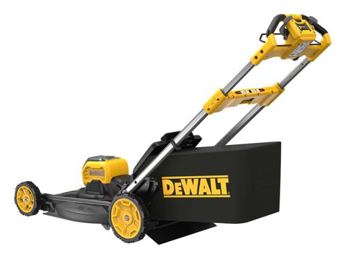 DEWALT DCMWSP550 Rear Wheel Drive Mower with Direct Drive Brushless Autosensing Motor for improved run time, better cut quality and reduced stalling. Its 53cm high efficiency metal deck provides added durability. It offers Mulching, Bagging or Rear Discharge for natural lawn fertilisation or clip free lawn.Fitted with an ergonomic handle for easy and comfortable steering. A handy user interface incorporates a load meter allowing real time feedback. Easy 'One Touch Storage'. At the touch of a button, the telescopic handles fold down. This mower can be stored vertically, takes up 70% less space in vertical storage vs in operation.Comes as a Bare Unit, NO battery or charger supplied.Specification:Cutting Width: 48cm.Cutting Height Adjustment: 25, 35, 45, 60, 85mm.Grass Box Capacity: 55 litre.