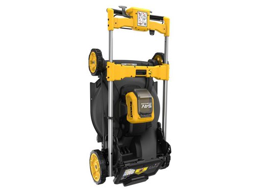 DEWALT DCMWSP550 Rear Wheel Drive Mower with Direct Drive Brushless Autosensing Motor for improved run time, better cut quality and reduced stalling. Its 53cm high efficiency metal deck provides added durability. It offers Mulching, Bagging or Rear Discharge for natural lawn fertilisation or clip free lawn.Fitted with an ergonomic handle for easy and comfortable steering. A handy user interface incorporates a load meter allowing real time feedback. Easy 'One Touch Storage'. At the touch of a button, the telescopic handles fold down. This mower can be stored vertically, takes up 70% less space in vertical storage vs in operation.Comes as a Bare Unit, NO battery or charger supplied.Specification:Cutting Width: 48cm.Cutting Height Adjustment: 25, 35, 45, 60, 85mm.Grass Box Capacity: 55 litre.