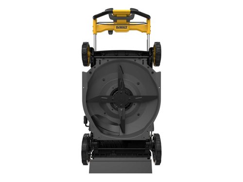 DEWALT DCMWSP550 Rear Wheel Drive Mower with Direct Drive Brushless Autosensing Motor for improved run time, better cut quality and reduced stalling. Its 53cm high efficiency metal deck provides added durability. It offers Mulching, Bagging or Rear Discharge for natural lawn fertilisation or clip free lawn.Fitted with an ergonomic handle for easy and comfortable steering. A handy user interface incorporates a load meter allowing real time feedback. Easy 'One Touch Storage'. At the touch of a button, the telescopic handles fold down. This mower can be stored vertically, takes up 70% less space in vertical storage vs in operation.Comes as a Bare Unit, NO battery or charger supplied.Specification:Cutting Width: 48cm.Cutting Height Adjustment: 25, 35, 45, 60, 85mm.Grass Box Capacity: 55 litre.