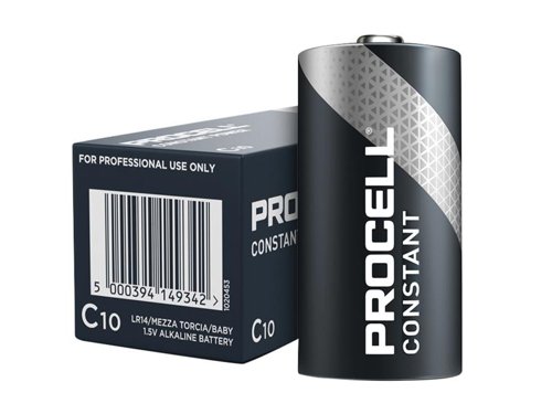 Duracell PROCELL?½ Alkaline Constant Power Industrial Batteries are ideal for powering low drain professional devices which require constant current over a long period of time. They offer reliable performance with excellent resistance to corrosion. Designed to meet all major quality, safety and environmental standards.Typical applications include: Remote Control, Wireless Mouse / Keyboard, Clocks, Torches & Thermostats.Supplied in a resealable bulk pack of 10 for great value.Pack of 10 Duracell C Cell PROCELL?½ Alkaline Constant Power Industrial Batteries