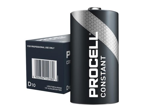 Duracell PROCELL?½ Alkaline Constant Power Industrial Batteries are ideal for powering low drain professional devices which require constant current over a long period of time. They offer reliable performance with excellent resistance to corrosion. Designed to meet all major quality, safety and environmental standards.Typical applications include: Remote Control, Wireless Mouse / Keyboard, Clocks, Torches & Thermostats.Supplied in a resealable bulk pack of 10 for great value.Pack of 10 Duracell D Cell PROCELL?½ Alkaline Constant Power Industrial Batteries