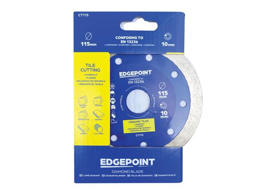 The EdgePoint CT Tile Cutting Diamond Blade has a continuous rim that provides easy, clean cuts in ceramic and natural stone tiles. Made with premium graded quality diamond that is bonded within the rim. It also has a tensioned high grade steel core.Manufactured to EN 13236 quality standard.1 x EdgePoint CT115 Tile Cutting Diamond Blade 115mm
