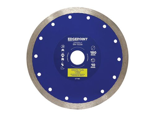 The EdgePoint CT Tile Cutting Diamond Blade has a continuous rim that provides easy, clean cuts in ceramic and natural stone tiles. Made with premium graded quality diamond that is bonded within the rim. It also has a tensioned high grade steel core.Manufactured to EN 13236 quality standard.The EdgePoint CT180 Tile Cutting Diamond Blade has the following specification:Diameter: 180mmBore: 25.4mmSegment Height: 10mmSegment Width: 1.6mm