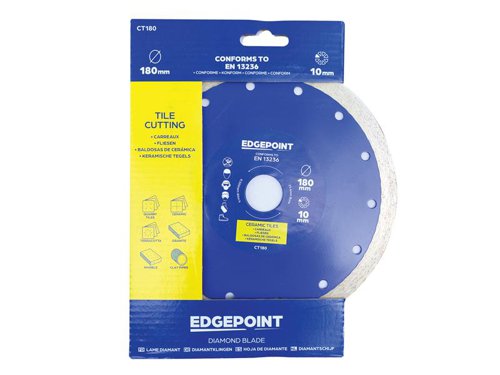 The EdgePoint CT Tile Cutting Diamond Blade has a continuous rim that provides easy, clean cuts in ceramic and natural stone tiles. Made with premium graded quality diamond that is bonded within the rim. It also has a tensioned high grade steel core.Manufactured to EN 13236 quality standard.The EdgePoint CT180 Tile Cutting Diamond Blade has the following specification:Diameter: 180mmBore: 25.4mmSegment Height: 10mmSegment Width: 1.6mm