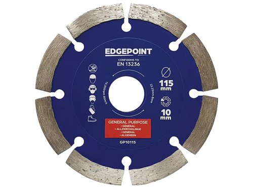 The EdgePoint GP10 General-Purpose Diamond Blade has taller segments for longer blade life. Provides low-cost cutting in a wide variety of building materials. With premium graded quality diamond segments and a tensioned high-grade steel core.Manufactured to EN 13236 quality standard.The EdgePoint GP10115 General-Purpose Diamond Blade has the following specification:Diameter: 115mmBore: 22.23mmSegment Height: 10mmSegment Width: 2.3mm