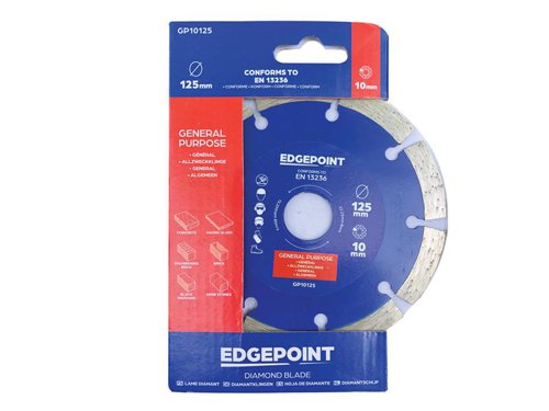 The EdgePoint GP10 General-Purpose Diamond Blade has taller segments for longer blade life. Provides low-cost cutting in a wide variety of building materials. With premium graded quality diamond segments and a tensioned high-grade steel core.Manufactured to EN 13236 quality standard.The EdgePoint GP10125 General-Purpose Diamond Blade has the following specification:Diameter: 125mmBore: 22.23mmSegment Height: 10mmSegment Width: 2.3mm
