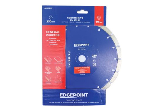 The EdgePoint GP10 General-Purpose Diamond Blade has taller segments for longer blade life. Provides low-cost cutting in a wide variety of building materials. With premium graded quality diamond segments and a tensioned high-grade steel core.Manufactured to EN 13236 quality standard.The EdgePoint GP10230 General-Purpose Diamond Blade has the following specification:Diameter: 230mmBore: 22.23mmSegment Height: 10mmSegment Width: 2.6mm