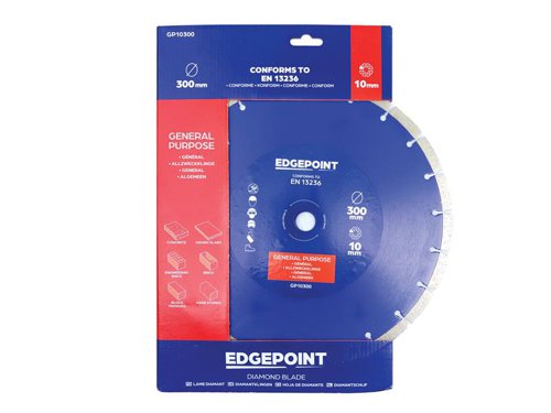 The EdgePoint GP10 General-Purpose Diamond Blade has taller segments for longer blade life. Provides low-cost cutting in a wide variety of building materials. With premium graded quality diamond segments and a tensioned high-grade steel core.Manufactured to EN 13236 quality standard.The EdgePoint GP10300 General-Purpose Diamond Blade has the following specification:Diameter: 300mmBore: 20mmSegment Height: 10mmSegment Width: 2.8mm