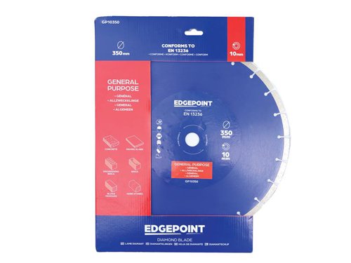 The EdgePoint GP10 General-Purpose Diamond Blade has taller segments for longer blade life. Provides low-cost cutting in a wide variety of building materials. With premium graded quality diamond segments and a tensioned high-grade steel core.Manufactured to EN 13236 quality standard.The EdgePoint GP10350 General-Purpose Diamond Blade has the following specification:Diameter: 350mmBore: 25.4mmSegment Height: 10mmSegment Width: 3.0mm