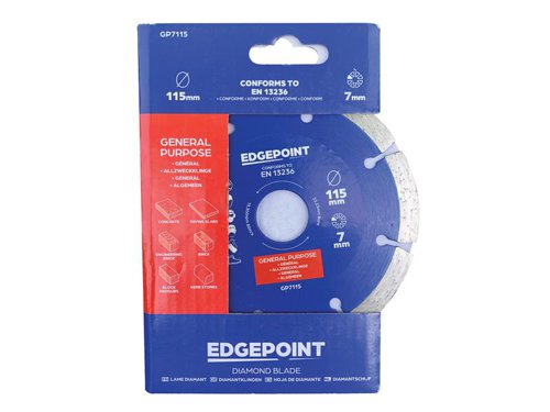 The EdgePoint GP7 General-Purpose Diamond Blade provides low-cost cutting in a wide variety of building materials. With premium graded quality diamond segments and a tensioned high-grade steel core.Manufactured to EN 13236 quality standard.The EdgePoint GP7115 General-Purpose Diamond Blade has the following specification:Diameter: 115mmBore: 22.23mmSegment Height: 7mmSegment Width: 2.3mm