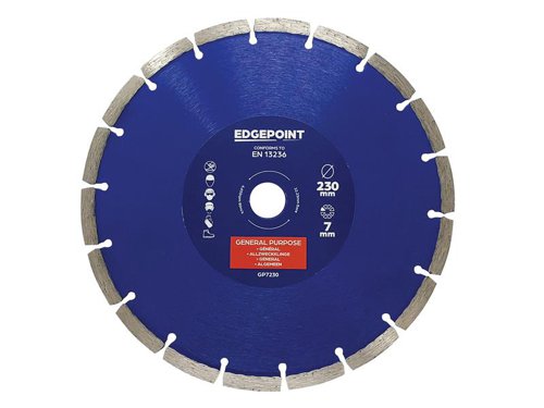 The EdgePoint GP7 General-Purpose Diamond Blade provides low-cost cutting in a wide variety of building materials. With premium graded quality diamond segments and a tensioned high-grade steel core.Manufactured to EN 13236 quality standard.The EdgePoint GP7230 General-Purpose Diamond Blade has the following specification:Diameter: 230mmBore: 22.23mmSegment Height: 7mmSegment Width: 2.6mm