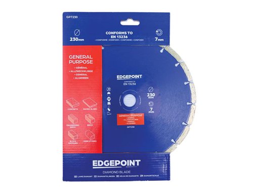 The EdgePoint GP7 General-Purpose Diamond Blade provides low-cost cutting in a wide variety of building materials. With premium graded quality diamond segments and a tensioned high-grade steel core.Manufactured to EN 13236 quality standard.The EdgePoint GP7230 General-Purpose Diamond Blade has the following specification:Diameter: 230mmBore: 22.23mmSegment Height: 7mmSegment Width: 2.6mm