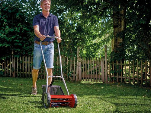The Einhell GC-HM 300 Cylinder Lawnmower is robust and functional, without a motor drive, for the clean, quiet and environment-friendly mowing of lawns of up to 150m² in size. Its ball-bearing mounted mower spindle has 5 high-grade steel blades, designed for a cutting width of 30cm.The 4-level cutting height adjustment facility can be adjusted to individual requirements between 13 and 37mm. It has large, lawn-friendly wheels and its plastic roller has a diameter of 45mm. A curved long handle provides optimum on-the-job ergonomics. There is a parking position for easy and secure storage of the lawnmower. The 16 litre grass catch basket is removable and easy to empty.