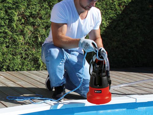 The Einhell GC-SP 3580 LL Clean Water Pump is a powerful and robust solution for emptying swimming pools, rain barrels and flooded cellars in next to no time. It only needs 8mm of water to get the pump impeller to start working. From this minimum depth, the powerful pump will help you to dry out your cellar or empty your swimming pool. A residual water layer of as little as one millimetre is all which is left on a flat bottom and can then be wiped dry.Fitted with a high-quality mechanical seal to improve service life, even on tough and prolonged assignments. Uses an infinitely variable float switch; the pump can be switched on and off automatically as the water level changes. An integrated non-return valve prevents return flow when the pump is switched off.A practical cable winder and a sturdy integrated handle make it easy to move and store this submersible pump.The submersible pump has a 90°/47.8mm (1.1/2”) male thread connector as well as a connector for 25/38mm hoses and a 33.3mm (1”) male thread.Specifications:Input Power: 350W.Max. Delivery Capacity: 8,000 L/hr.Max. Delivery Height: 7.5m.Max. Immersion Depth: 7m.Max. Water Temperature: 35°C.Hose Connection: 47.8mm (1.1/2in).Weight: 3.13kg.