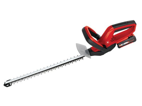 The Einhell GE-CH 1846Li Power-X-Change Cordless Hedge Trimmer is an efficient tool thanks to its low weight and handy size that allows for the trimming of hedges, shrubs and bushes on large grounds and allotments where there is no connection to the electric power grid. The integrated two-hand safety switch brings the cutters to a standstill in less than 1 second when the switch is released.The cutters are protected by an aluminium cover. The shock guard has a hole for wall mounting and enables this cordless hedge trimmer to be stored away in an instant in minimum space. For a long service life the gearing is made of metal, for clean cutting results the blades are made of laser-cut and diamond-ground steel. Comes with a sturdy cutter guard for safe and user-friendly transportation or storage.SpecificationStrokes at No Load: 2,200/min.Blade Length: 52cm, 15mm gapMax. Cutting Thickness: 11mmMax. Running Time: 1 hourCharging Time: 30 minutesWeight: 2.3kgThe Einhell GE-CH 1846Li KIT is supplied with: 1 x 1.5Ah Power X-Change Li-ion Battery, 1 x 30 Minute High Speed Li-ion Charger.The lithium ion battery has a battery management system for optimum discharge control and long battery life. Its Power X-Change system battery can be used in all products from the Power X-Change family.
