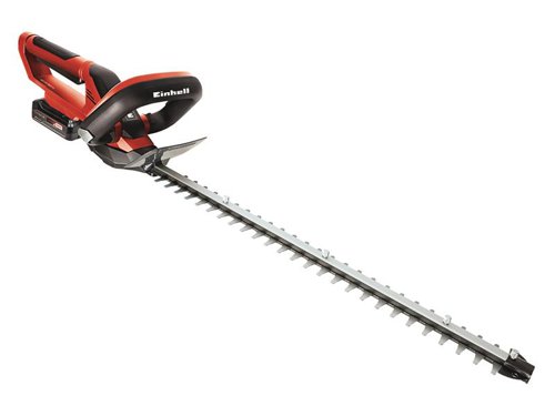 The Einhell GE-CH 1855/1 Li Power X-Change Hedge Trimmer with metal gearing for long service life. Its blades are made from laser-cut and diamond-ground steel for clean-cutting results. Fitted with a swivel handle and an additional adjustable handle for increased comfort and reduced fatigue. A two-hand switch increases user safety.Supplied with a sturdy cutter guard for storage and transportation, 1 x 2.5Ah Li-ion Battery and 1 x Charger.Specification:Strokes at No Load: 2,200/min.Cutting Length: 550mmBlade Length: 620mmSpacing Between Teeth: 18mmWeight: 2.6kg