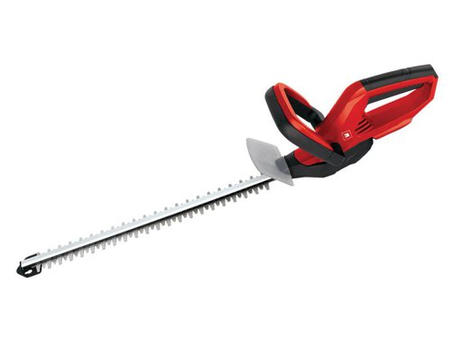 The Einhell GE-CH 1846Li Power-X-Change Cordless Hedge Trimmer is an efficient tool thanks to its low weight and handy size that allows for the trimming of hedges, shrubs and bushes on large grounds and allotments where there is no connection to the electric power grid. The integrated two-hand safety switch brings the cutters to a standstill in less than 1 second when the switch is released.The cutters are protected by an aluminium cover. The shock guard has a hole for wall mounting and enables this cordless hedge trimmer to be stored away in an instant in minimum space. For a long service life the gearing is made of metal, for clean cutting results the blades are made of laser-cut and diamond-ground steel. Comes with a sturdy cutter guard for safe and user-friendly transportation or storage.SpecificationStrokes at No Load: 2,200/min.Blade Length: 52cm, 15mm gapMax. Cutting Thickness: 11mmMax. Running Time: 1 hourCharging Time: 30 minutesWeight: 2.3kgThe Einhell GE-CH 1846Li Power-X-Change Cordless Hedge Trimmer is supplied as a Bare Unit, No Battery Or Charger supplied.