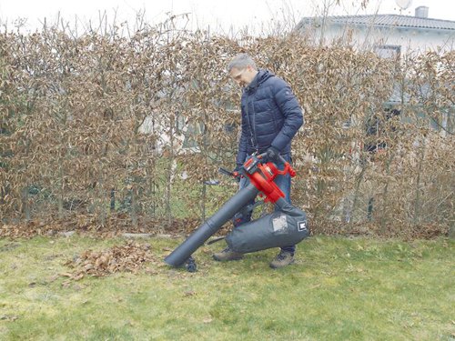 The Einhell GE-CL 36/230 Li E-Solo Leaf Vacuum makes light work of clearing up leaves, needles and small twigs around the garden. Clearing leaves and other organic material from your garden helps to reduce the risk or slips and falls on paved paths, patios etc.For maximum blowing power, there is an integrated turbo switch. Electronic speed enables power on your preference. An ergonomic handle with a soft grip and anti-vibration function makes handling easy and comfortable. There is also an adjustable additional handle and an adjustable carrying strap for added comfort. Fitted with two, height-adjustable guide wheels. The cleaning opening is fitted with a safety switch and there is a 45 litre catch bag with a window so that you can always see how full it is.Powered by 2 x 18V Power X-Change Batteries (NOT supplied).Supplied with: 1 x Wide Suction Tube and 1 x Narrow Suction Tube.Specification:Idle Speed: 8,000-14,000/min.Air Speed: 230km/hr.Max. Suction Power: 700m³/hr.Bag Capacity: 45 litreWeight: 5.75kg