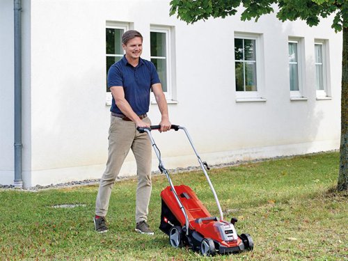 The Einhell GE-CM 18/33 Li Power X-Change Lawnmower is driven by an Einhell brushless motor, which has a longer life and running time than conventional carbon brush motors. Recommended for lawns up to 200m². With 5 cutting height levels, from 25 to 65mm, and a cutting width of up to 33cm.The mower is equipped with a high-quality, impact-resistant plastic housing. Fitted with large grass-protecting wheels and a folding height-adjustable long handle with 3 settings for convenient operation. It has a generously dimensioned grass box with level indicator and an integrated carry-handle enabling it to be transported easily.The lithium-ion battery has a battery management system for optimum discharge control and long battery life. Thanks to the battery capacity indicator with 3 LEDs, you can check the current charge level at a glance. Its Power X-Change system battery can be used in all products from the Power X-Change family.Supplied with: 1 x 18V 4.0Ah Power X-Change Li-ion Battery1 x 18V Power X-Change Li-ion ChargerSpecification:Cutting Width: 33cmCutting Height Adjustment: 5 Stages, 25-65mmCutting Adjustment: CentralGrass Box Capacity: 30 litreWheel Diameter: Front 150mm, Rear 180mm