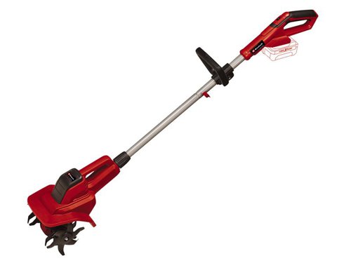 The Einhell GE-CR 18/20 Li E - Solo Tiller is ideal when you need to loosen up the soil e.g. in flower beds or green houses. A speed regulator makes it more flexible in terms of its potential applications. Its 4 robust cultivator blades are made of metal to ensure a long service life.Lightweight design, with a softgrip main handle. The additional handle can be individually set up for each user. A transport handle maximises mobility, while the long handle can be split into two parts to save space when the unit is being stored.Member of the Power X-Change family. Comes as a Bare Unit, NO battery or charger supplied.Specifications:No Load Speed: 230/min.Working Width x Depth: 20 x 20cm.Number of Knives: 4.Diameter of Cultivating Blade: 155mm.Weight: 3.85kg.