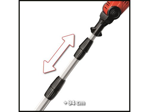 The Einhell GE-HH 18/45 Li T-Solo Power X-Change High Trimmer is ideal for the maintenance of hedges, shrubs and bushes. Its metal gearbox provides long duration, and the laser-cut and diamond-grind steel knives provide clean cutting results. The stable aluminum telescopic handle can be adjusted and fixed infinitely at each height. The infinitely adjustable additional handle is customized to the user with its practical quick-lock.To execute even difficult vertical and horizontal cuts aloft cleanly and precisely, the motor head can be sloped 7-fold and the main handle 4-fold to adjust them to each working situation. The shrub shear can be transported and stowed comfortably in the sturdy cutter guard. Offers wireless freedom as a member of the Power X-Change family. Comes as a Bare Unit, NO battery or charger. Specifications:Sword Length: 45cm.Teeth Spacing: 16mm.Cutting Length: 40cm.Weight: 4.28kg.