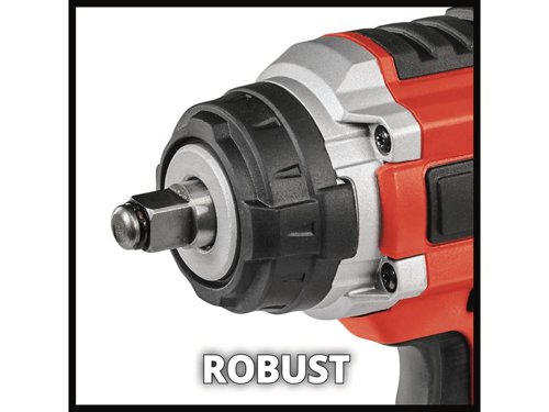 The Einhell IMPAXXO 18/400 Power X-Change Impact Wrench makes effortless work of driving in large or long screws, and unlike impact drill drivers it helps reduce strain on the userâ€™s joints.Powered by the Einhell PurePOWER brushless motor. This brushless motor offers more power and a longer running time than conventional carbon brush motors. After registering online, the brushless motor comes with a 10-year warranty. The high torque of the powerful cordless impact wrench ensures sufficient force to loosen even tightly seated, wedged or rusted nuts in no time.It has a robust 1/2in square socket, and delivery includes a bit adaptor for screwing. The integrated LED light for illuminating the working area also allows a quick tyre change when it matters: when sunset is creeping up on you, in darkness or in garages without sufficient lighting.Offers wireless freedom as a member of the Power X-Change family. Comes as a Bare Unit, NO battery or charger. Specifications:Tool Holder: 1/2in square.No Load Speed: 0-2,100/min.Impact Rate: 0-3,300/bpm.Max. Torque: 400Nm.Weight: 2.0kg excl. Battery.