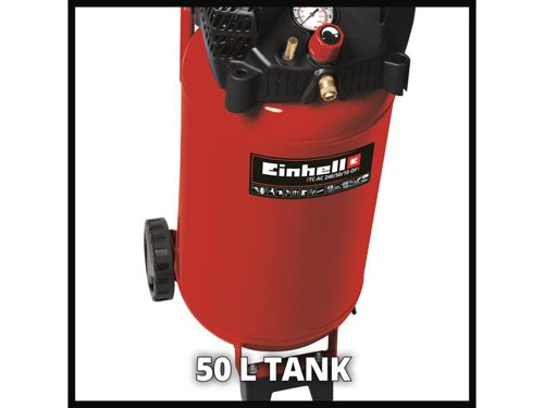 The Einhell TC-AC 240/50/10 OF Air Compressor has a solid, long-lasting 50 litre tank which holds generous reserves for long work sessions. It comes with a 10-year warranty against perforation corrosion of the tank. A pressure reducer provides working pressure adjustment up to 10 bar. Its oil-free pump works without lubrication and therefore requires very little maintenance. This means the compressor can be transported in any position.The controlled working pressure of the compressor is indicated by a pressure gauge and tapped through a quick-lock coupling. For mobility and easy transportation there is a holding bar and large wheels. The condensate is drained from the tank through the drain plug, making maintenance user-friendly. Vibration-absorbing feet prevent mechanical shocks and reduce noise generation. For the best possible user safety there is a non-return valve and a safety valve. A holder also ensures the accessories can be tidily stored at all times.Specifications:% power S3: 25%.Max. Operating Pressure: 10 bar.Motor Speed: 18,000/min^-1.Pump Speed: 4,000/min^-1.Suction Power: 240 l/min.Output Power: @0 bar 173 l/min., @4 bar 107 l/min., @7 bar 76 l/min.Tank Volume: 50 litre.Weight: 22.24kg.