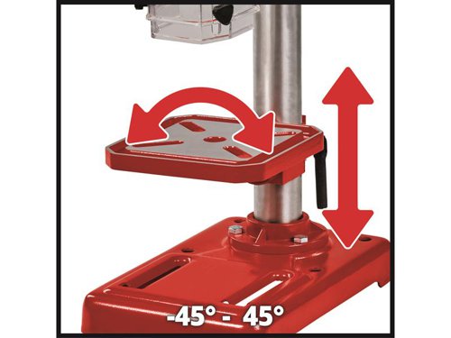 The Einhell TC-BD 450 Bench Drill is a practical, precise machine for special tasks: Due to the extra-large projection of 104mm, large workpieces made of wood or metal can be reliably provided with pinpoint holes. The bench drill can be used at very low and very high speeds and is ideally suited for drilling in hard materials e.g. metal and soft material e.g. wood. Exact drill holes possible thanks to adjustable depth stop. Maximum drilling depth of 50mm. Its robust sprocket chuck and B16 socket, allow the use of Morse taper drills and common bits with diameters of 1.5 to 13mm.A ball-bearing boring spindle ensures long-lasting and easy operation. The bench drill can be varied by continuously height-adjustable drill table. In addition, the drilling table can be rotated up to 90° and tilted up to 45°. The rubberised, three-armed rotating handle proves itself due to the favourable lever effect at exact contact pressure without the expenditure of force. The foldable chip guard and zero-voltage on/off switch prevent the machine from unintentionally startup after power failure.Specifications:Input Power: 450W.Speed (Min./Max.): 600/2,650/min.Drilling Depth: 50mm.Drill Bit Diameter (Min./Max.): 1.5mm/13mm.Projection: 104mm.Rotating Range (Drill Table): 90°.Weight: 12.99kg.