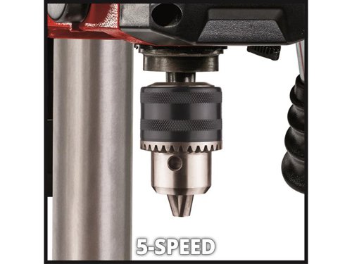 The Einhell TC-BD 450 Bench Drill is a practical, precise machine for special tasks: Due to the extra-large projection of 104mm, large workpieces made of wood or metal can be reliably provided with pinpoint holes. The bench drill can be used at very low and very high speeds and is ideally suited for drilling in hard materials e.g. metal and soft material e.g. wood. Exact drill holes possible thanks to adjustable depth stop. Maximum drilling depth of 50mm. Its robust sprocket chuck and B16 socket, allow the use of Morse taper drills and common bits with diameters of 1.5 to 13mm.A ball-bearing boring spindle ensures long-lasting and easy operation. The bench drill can be varied by continuously height-adjustable drill table. In addition, the drilling table can be rotated up to 90° and tilted up to 45°. The rubberised, three-armed rotating handle proves itself due to the favourable lever effect at exact contact pressure without the expenditure of force. The foldable chip guard and zero-voltage on/off switch prevent the machine from unintentionally startup after power failure.Specifications:Input Power: 450W.Speed (Min./Max.): 600/2,650/min.Drilling Depth: 50mm.Drill Bit Diameter (Min./Max.): 1.5mm/13mm.Projection: 104mm.Rotating Range (Drill Table): 90°.Weight: 12.99kg.