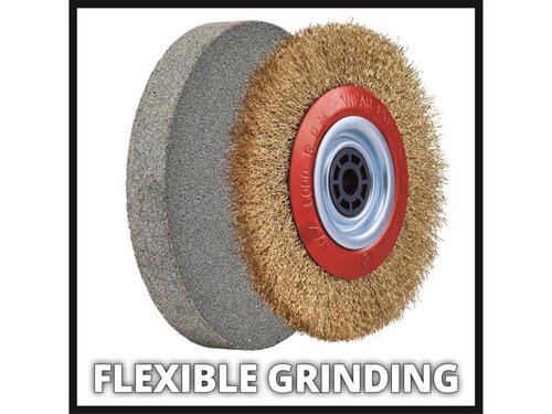 The Einhell TC-BG 150 B Bench Grinder is the ideal helper for coarse and fine grinding work and shape corrections. Thanks to its powerful 350W motor, it sands a wide variety of materials. The double grinder is also ideally suited for polishing and sharpening work and, thanks to the brush disc, also for removing rust from metals, removing paints and cleaning files, for example.The large work runs are adjustable and ideally adaptable to the respective task. The ball-bearing shaft is free of play and enables precise work. Safety is provided by the laterally closed protective hoods. Thanks to its four rubberised feet, the grinding block has a safe and low-vibration position. The spark protection goggles can be easily adjusted without tools. The robust metal compact construction ensures a long service life.Equipped with a coarse grinding disc (K36) and a brush disc. This allows not only significant shape corrections to be made, but also new grinding work.Specifications:Input Power: 350W.No Load Speed: 2,980/min.Coarse Grinding Disc Diameter: Inner 32mm, Outer 150mm.Fine Grinding Disc Diameter: Inner 32mm, Outer 150mm.Weight: 7.9kg.