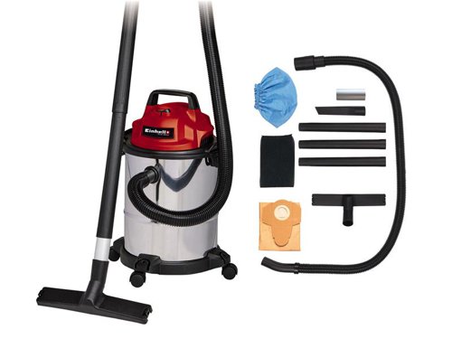 The Einhell TC-VC 1815 S Electric Wet/Dry Vacuum Cleaner is a flexible and high suction all-purpose vacuum cleaner used for simple wet or dry cleaning. The 15 litre stainless steel container is easy to clean and collects rough, fine, wet or dry dirt, as well as fluids, without residues. Its strong 1,250W motor provides good suction performance, as well as sufficient pressure for its practical blowing function. Supplied with:  1 x Suction Hose 36mm x 150cm, 3 x Extension Pipes, 1 x Adapter, 1 x Large Suction Nozzle with Combination Insert, 1 x Crevice Nozzle, 1 x Dirt Bag, 1 x Synthetic Bag and 1 x Foam Filter.Specifications:Input Power: 1,250W.Capacity: Wet/Dry: 15 Litre.Suction Hose Diameter x Length: 36mm x 150cm.Max. Suction Power: 180 mbar.Weight: 2.99kg.