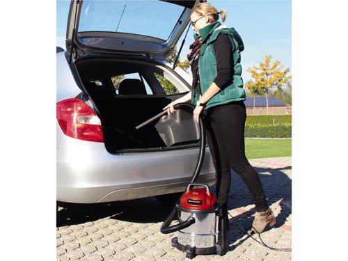 The Einhell TC-VC 1815 S Electric Wet/Dry Vacuum Cleaner is a flexible and high suction all-purpose vacuum cleaner used for simple wet or dry cleaning. The 15 litre stainless steel container is easy to clean and collects rough, fine, wet or dry dirt, as well as fluids, without residues. Its strong 1,250W motor provides good suction performance, as well as sufficient pressure for its practical blowing function. Supplied with:  1 x Suction Hose 36mm x 150cm, 3 x Extension Pipes, 1 x Adapter, 1 x Large Suction Nozzle with Combination Insert, 1 x Crevice Nozzle, 1 x Dirt Bag, 1 x Synthetic Bag and 1 x Foam Filter.Specifications:Input Power: 1,250W.Capacity: Wet/Dry: 15 Litre.Suction Hose Diameter x Length: 36mm x 150cm.Max. Suction Power: 180 mbar.Weight: 2.99kg.