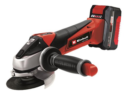 The Einhell TE-AG 18/115 Li Power X-Change Angle Grinder is the lightest angle grinder in its class and features a robust aluminium gearing housing. Thanks to the soft start function and restart safeguard, the angle grinder starts up smoothly and is safer to use.Its slimline design with ergonomic soft grip provides increased comfort. There is also an additional handle that can be fitted in three positions. Modified air guidance ensures optimum cooling of the tool and low strain on the gearing during operation. The disc guard comes with a quick-adjust facility which can be adapted with just a twist of the hand to any task. An overload cut-out contributes to greater safety and longer service life.Supplied with:1 x 18V 4.0Ah Li-ion Battery.1 x Charger.1 x Tote bag.1 x Cutting disc.1 x Grinding disc.Specifications:No Load Speed: 8,500/min.Max. Cutting Depth: 28mm.Disc Size: 115mm.