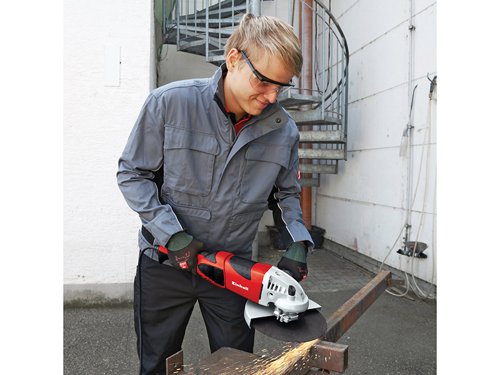 The Einhell TE-AG230 Angle Grinder is an affordable performance-driven DIY tool. The soft start facility ensures this powerful angle grinder provides a comfortable start-up for users, which eases into a robust and powerful grinding performance over a short period of time. This provides added safety and comfort for users.Suitable for the more difficult tasks, due to its powerful metal gearing system. Further benefits include the keyless disc guard adjustment for quick adjustment depending on the job, spindle lock and the 3-postitional front handle.Specifications:Input Power: 2,000 Watt.No Load Speed: 6,500/min.Disc Diameter: 230mm.Weight: 5.4kg.