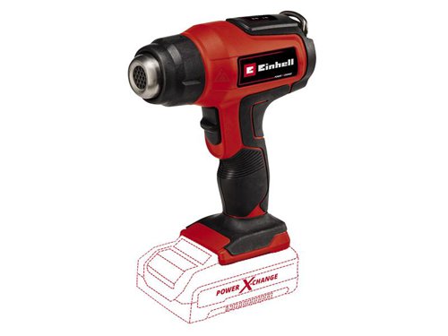 The Einhell TE-HA 18 Li - Solo Hot Air Gun with 2 temperature levels and an LED display. Overheating protection ensures safe operation. The mechanical nozzle ejection makes it easy to remove and change nozzles.Its ergonomic handle with softgrip ensures a firm, secure grip. The gun can be layed on its back, this support surface is stable and safe, ideal for stationary use. There is also a retractable metal hook for flexible working and storage.Part of the Power X-Change series, powered by Lithium-ion rechargeable batteries with a battery management system for a long-life. This circular saw comes as a Bare Unit, NO battery or charger. 2.5Ah batteries or higher are recommended for best results.Supplied with: 1 x Reducer Nozzle, 1 x Wide Jet Nozzle and 1 x Reflector Nozzle.Specifications:Airflow Rate: 200 L/min.Air Temperature: 350/550°C.Weight: 0.62kg.