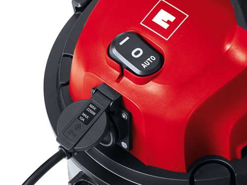 The Einhell TTE-VC 1930 SA Wet & Dry Vacuum with power take off socket with an automatic function and delayed switch-off, so it can be used as a power source for a variety of different power tools. Its stainless steel tank has a capacity of 30 litres for both dirt and liquids, with a drain screw for the user-friendly and clean disposal of the vacuumed liquid. A practical blow connector is also provided.The pleated filter is for the vacuuming of fine dust, whilst the foam filter protects the motor against soiling during wet vacuuming. Holders for the cable and accessories enable all parts to be stored away quickly and neatly directly on the cleaner itself. For user-friendly handling and mobility there is a carry-handle, two large wheels and two castors.Supplied with: 1 x 36mm Suction Hose, 1 x 3-Piece Plastic Suction Pipe, 1 x Large Suction Nozzle with Combination Insert for Wet & Dry Vacuuming of Floors, 1 x Pleated Filter, 1 x Foam Filter for Wet Vacuuming and 1 x Crevice Nozzle.Specifications:Input Power: 1,500W.Capacity: Wet/Dry: 30 litre.Max Suction Power: 16 kPa.Weight: 3.27kg.