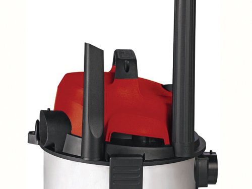 The Einhell TC-VC 1820S Wet & Dry Vacuum is a versatile, powerful, all-round vacuum for simple wet and dry cleaning. It features an easy-to-clean stainless steel tank which has a capacity of 20 litres for devouring coarse or fine, wet or dry dirt and even liquids. It has a powerful motor to provide a poweful suction power and enough pressure to a blow connector for the user-friendly blow-cleaning of inaccessible areas.It is fitted with a foam filter protecting the motor against soiling during wet vacuuming. Also has a float switch which interrupts the suction power automatically when the maximum level is reached, holders for the cable and accessories which enable all parts to be stored away quickly and neatly. With a carry-handle and four smooth-running castors for easy transportation.Supplied with: 1 x 36mm Suction Hose, 1 x Three-Piece Plastic Suction Pipe, 1 x Large Suction Nozzle with Combination Insert for Carpets & Smooth Flooring and 1 x Crevice Nozzle.Specifications:Input Power: 1,250 Watt. Capacity: Wet/Dry: 20 Litre.Suction Hose Length: 1,500mm.Suction Hose Diameter: 36mm.Max Suction Power: 18 kPa.Weight: 4.22kg.