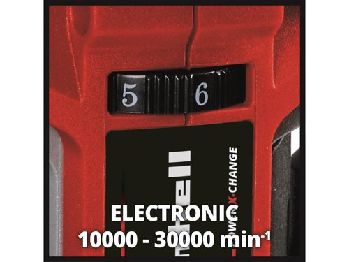 The Einhell TP-RO 18 Set Li BL-Solo Power X-Change Router/Palm Router is powered by the Einhell PurePOWER brushless motor. This brushless motor offers more power and a longer running time than conventional carbon brush motors. After registering online, the brushless motor comes with a 10-year warranty. Together with a powerful motor, the variable speed control electronics can be perfectly adapted to any task in soft or hard wood.The cutting depth can be infinitely adjusted and features an additional fine adjustment. Depth adjustment is performed with a multi-setting turret stop. The router is equipped with a precise twin-tube guide, a clamp (6mm and 8mm), and a spindle lock for easy tool changes. The LED light ensures the working area is perfectly illuminated. A plastic insert protects the surface of the workpiece.The soft grip handle makes for ergonomic and safe working, while the chip shield protects the user against wood chips in the field of vision, and the two-handed attachment helps to keep the unit under precise control during use. The edge trimmer base also allows edges to be beveled.Supplied with a parallel stop, compass tip, a copy sleeve and assembly tool, along with an extraction adapter for Einhell wet and dry vacuum cleaners and a handy storage bag for clean and safe transport. Member of the Power X-Change family. Comes as a Bare Unit, NO battery or charger supplied.Specifications:Collet Diameter: 6/8mm.Speed (Min./Max.): 10,000/30,000/min.Lift Height Edge Router Attachment: 40mm.Lift Height Router Attachment: 35mm.Max. Shape Cutter: 30mm.Suction Adaptor Diameter: 35mm.Weight: 1.34kg.