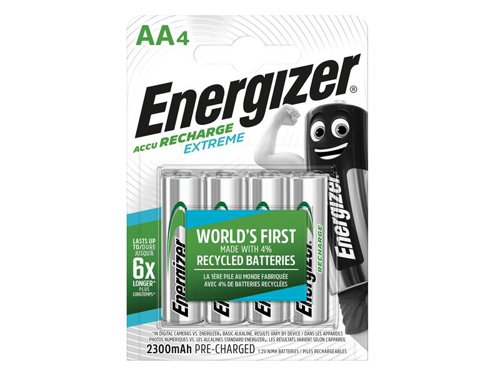 Energizer® Rechargeable batteries are highly recommended for high-drain or frequently used devices - ones that you use more than once a week - such as digital cameras, portable audio players, two-way radios, handheld games, and GPS equipment. They are also recommended for toys and infant devices.For best results pair your Energizer® Rechargeable batteries with Energizer chargers.Can be charged 100's of times. Hold their charge for up to 6 months.Energizer® Rechargeable Batteries - Reusable Power You Can Depend On!1 x Pack of 4 Energizer® AA Rechargeable Extreme Batteries 2300 mAh