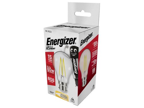 ENGS12864 Energizer® LED BC (B22) GLS Filament Non-Dimmable Bulb, Warm White 806 lm 6.7W