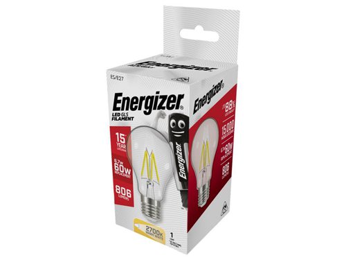 These Clear Finish Energizer® LED GLS Bulbs have a decorative filament making them ideal for decorative fittings. They replicate traditional halogen bulbs in appearance and output, whilst offering an 85% energy saving versus their halogen equivalent. The bulbs are a true retro fit design, provide instant, flicker-free light and have an average rated life of 15,000 hours.This Energizer® LED GLS Filament Non-Dimmable Bulb has the following specification:Fitting: ES (E27)Input Wattage: 6.2W (60W equivalent)Lumens of Light: 806 lmSwitching Cycles: 40,000Average Rated Life: 15,000 hoursColour Temperature: 2,700K (Warm White)Lamp Dimensions: 60 x 109mmDimmable: NoRated: E