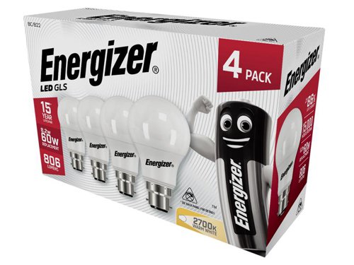 Energizer® LED BC (B22) Opal GLS Non-Dimmable Bulb, Warm White 806 lm 8.2W (Pack 4)