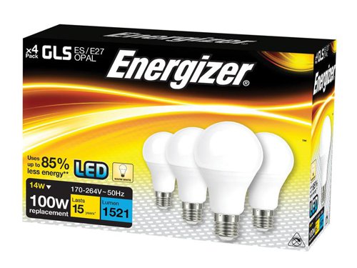 Energizer® LED ES (E27) Opal GLS Non-Dimmable Bulb, Warm White 1521 lm 13.2W (Pack 4)