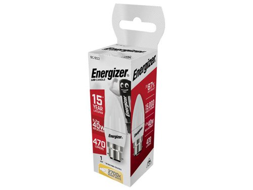 ENGS8850 Energizer® LED BC (B22) Opal Candle Non-Dimmable Bulb, Warm White 470 lm 5.2W