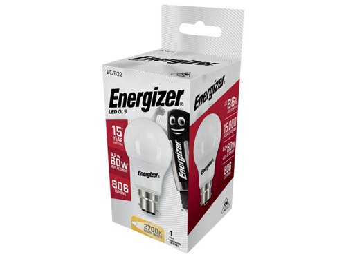 These Opal Finish Energizer® LED GLS Bulbs replicate traditional halogen bulbs in appearance and output, whilst offering an 85% energy saving versus their halogen equivalent. The bulbs are a true retrofit design, provide instant, flicker-free light and have an average rated life of 15,000 hours.This Energizer® LED Opal GLS Non-Dimmable Bulb has the following specification:Fitting: BC (B22)Input Wattage: 9.2W (60W equivalent)Lumens of Light: 806 lmSwitching Cycles: 40,000Average Rated Life: 15,000 hoursColour Temperature: 2,700K (Warm White)Lamp Dimensions: 60 x 109mmDimmable: NoRated: F