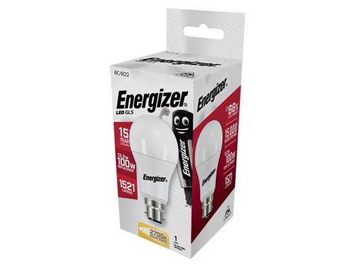 These Opal Finish Energizer® LED GLS Bulbs replicate traditional halogen bulbs in appearance and output, whilst offering an 85% energy saving versus their halogen equivalent. The bulbs are a true retrofit design, provide instant, flicker-free light and have an average rated life of 15,000 hours.This Energizer® LED Opal GLS Non-Dimmable Bulb has the following specification:Fitting: BC (B22)Input Wattage: 12.5W (100W equivalent)Lumens of Light: 1521 lmSwitching Cycles: 40,000Average Rated Life: 15,000 hoursColour Temperature: 2,700K (Warm White)Lamp Dimensions: 60 x 117mmDimmable: NoRated: F