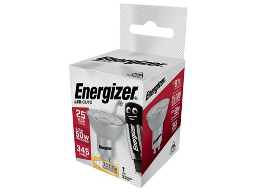 These Non-Dimmable, Silver Finish Energizer® LED GU10 HIGHTECH Bulbs replicate traditional halogen bulbs in appearance and output, whilst offering an 85% energy saving versus their halogen equivalent. The bulbs are a true retro fit design, provide instant, flicker-free light and have an average rated life of 25,000 hours.This Energizer® LED GU10 HIGHTECH Non-Dimmable Bulb has the following specification:Fitting: GU10Input Wattage: 4.2W (50W equivalent)Lumens of Light: 345 lmSwitching Cycles: 40,000Beam: 36°Average Rated Life: 25,000 hoursColour Temperature: 3,000K (Warm White)Lamp Dimensions: 50 x 54mmDimmable: NoRated: F