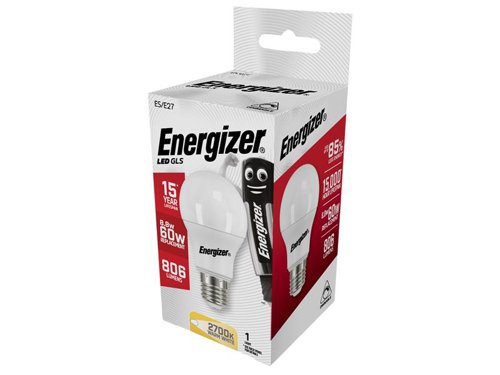 These Dimmable Opal Finish Energizer® LED GLS Bulbs replicate traditional halogen bulbs in appearance and output, whilst offering an 85% energy saving versus their halogen equivalent. The bulbs are a true retro fit design, provide instant, flicker-free light and have an average rated life of 15,000 hours.This Energizer® LED GLS Dimmable Bulb has the following specification:Fitting: ES (E27)Input Wattage: 9.2W (60W equivalent)Lumens of Light: 806 lmSwitching Cycles: 40,000Average Rated Life: 15,000 hoursColour Temperature: 2,700K (Warm White)Lamp Dimensions: 60 x 110mmDimmable: YesRated: F