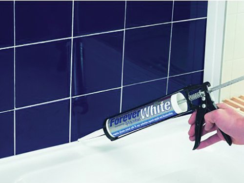 Everbuild Forever Sealant is a superior silicone sealant that is permanently waterproof and flexible. Ideal for sealing shower bases and cubicles, wet rooms, around baths, sinks and basins. It is also ideal for use in kitchens and utility rooms, and for sealing around window and door frames.With Mould Shield, an anti-bacterial solution integrated into the manufacturing process, Forever Sealant is guaranteed to stop black mould growth for 10 years.1 x Everbuild Forever White Sealant 295ml