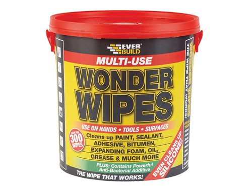 Multi-Use Wonder Wipes have become the first choice wipe of the nations builders and tradesmen. Specially formulated to clean hands, tools and surfaces from wet and semi-cured paint, sealant, adhesive, bitumen, expanding foam, oil, grease and even silicone. Particularly useful when there is no water on site.Wonder Wipes now contain a powerful Anti-Bacterial Additive that is tested by an independent laboratory to the standards for killing bacteria on dirty surfaces and hands. Resistant to MRSA, Salmonella, Listeria and E.Coli.Suitable for builders and tradesmen.1 x Everbuild Giant Wonder Wipes Tub of 300
